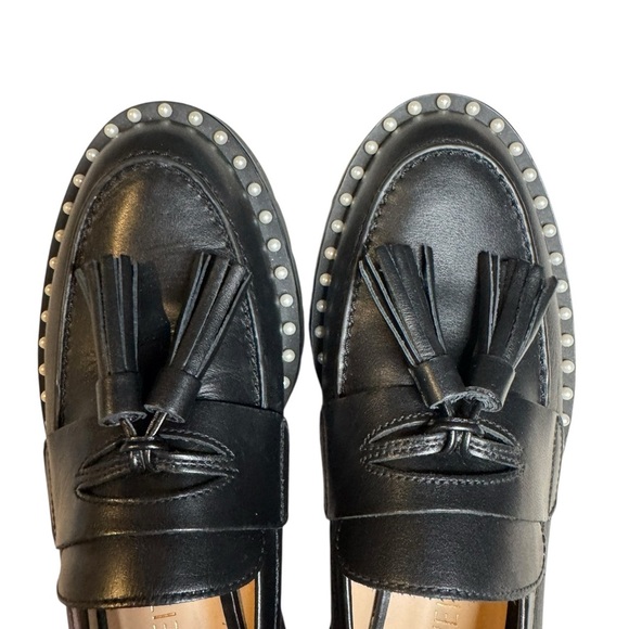 Stuart Weitzman Black Leather Pearl Stud Tassel Loafers Size 9B - Picture 8 of 8
